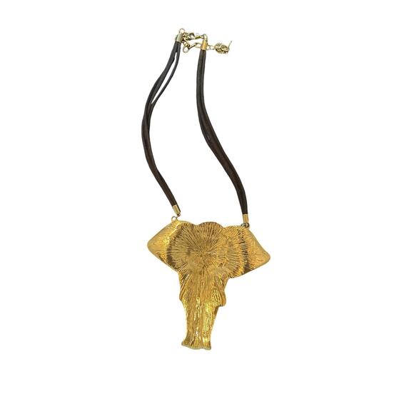 GUC Goldtone Zentangle Elephant Necklace Ornate Cord Strands Metal Clasp - Picture 2 of 3